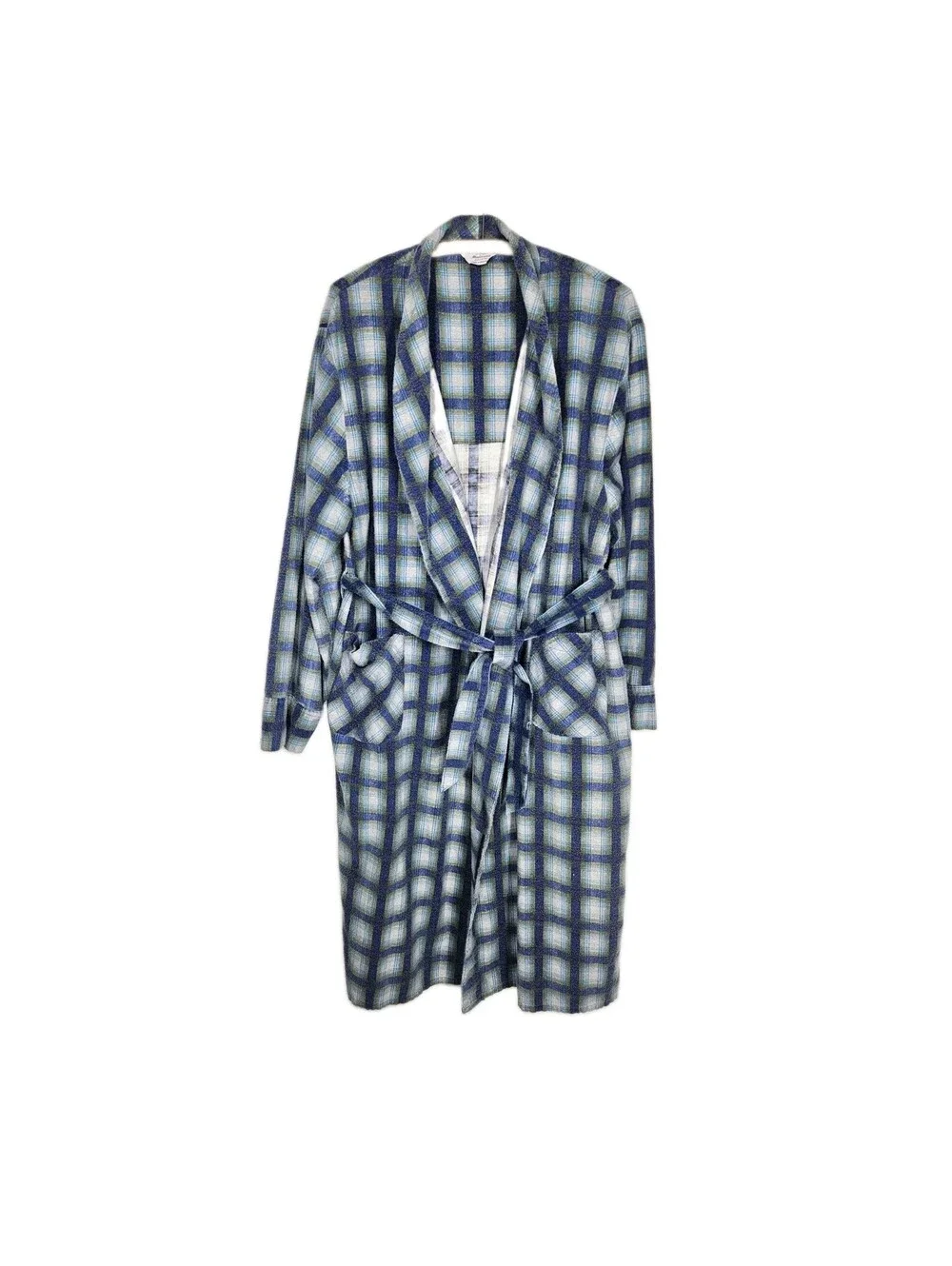 Vintage 1960s Men's Robe wSash XL Windowpane Plaid Flannel 100% Cotton Retro